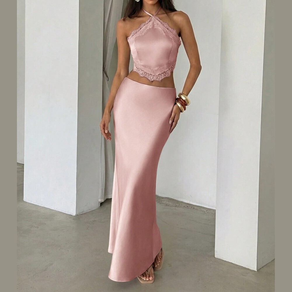 Pink Lace Halter Crop Top & Maxi Skirt Co-ord Set